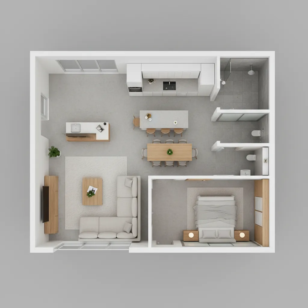 Plano 3D de una vivienda mostrando distribución de muebles