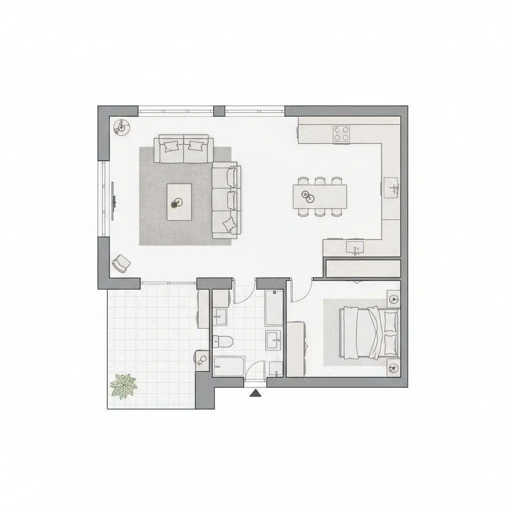 Plano de distribución de una casa moderna con zonas claramente definidas