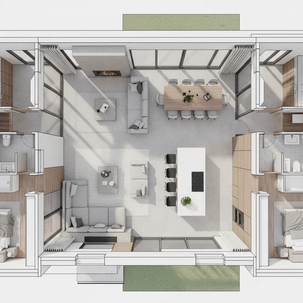 Plano de distribución de una casa moderna con zonas sociales abiertas