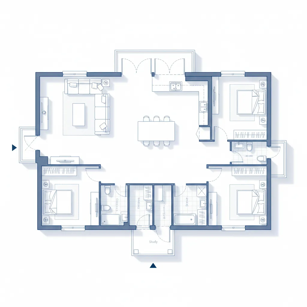 Plano de distribución de una casa moderna con zonas marcadas