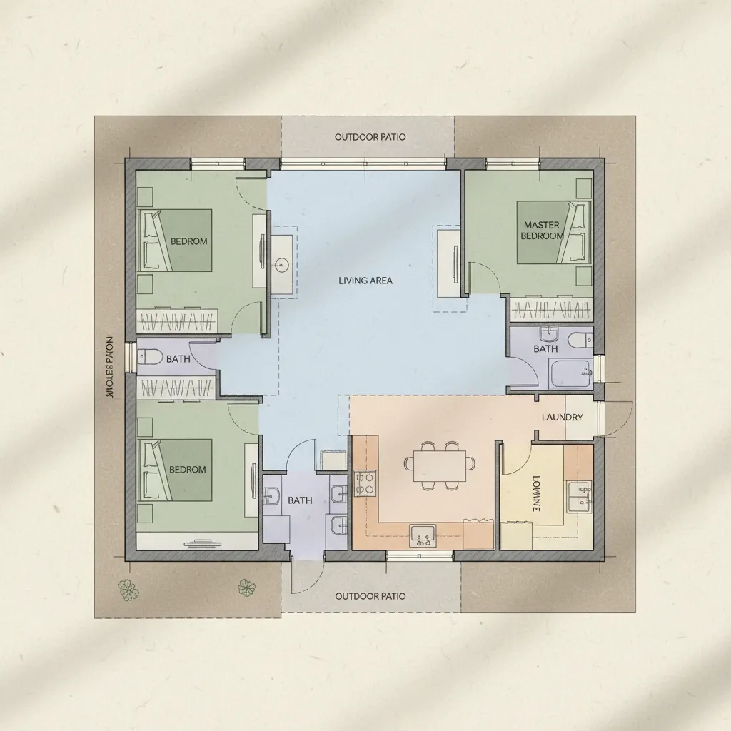 Plano de vivienda mostrando zonas de día y zonas privadas separadas