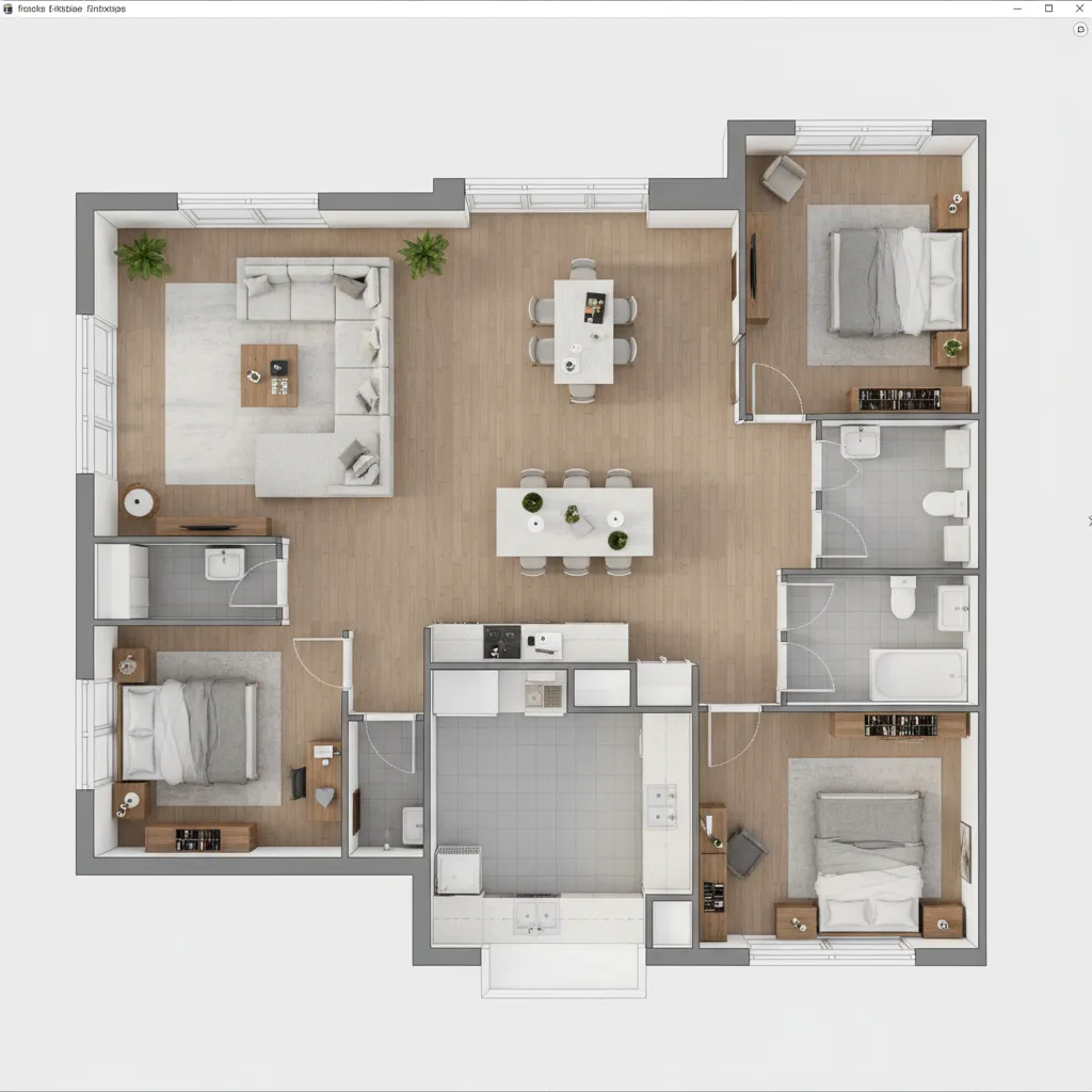 Top down interior design drawing showing three bedrooms living area kitchen and two small bathrooms