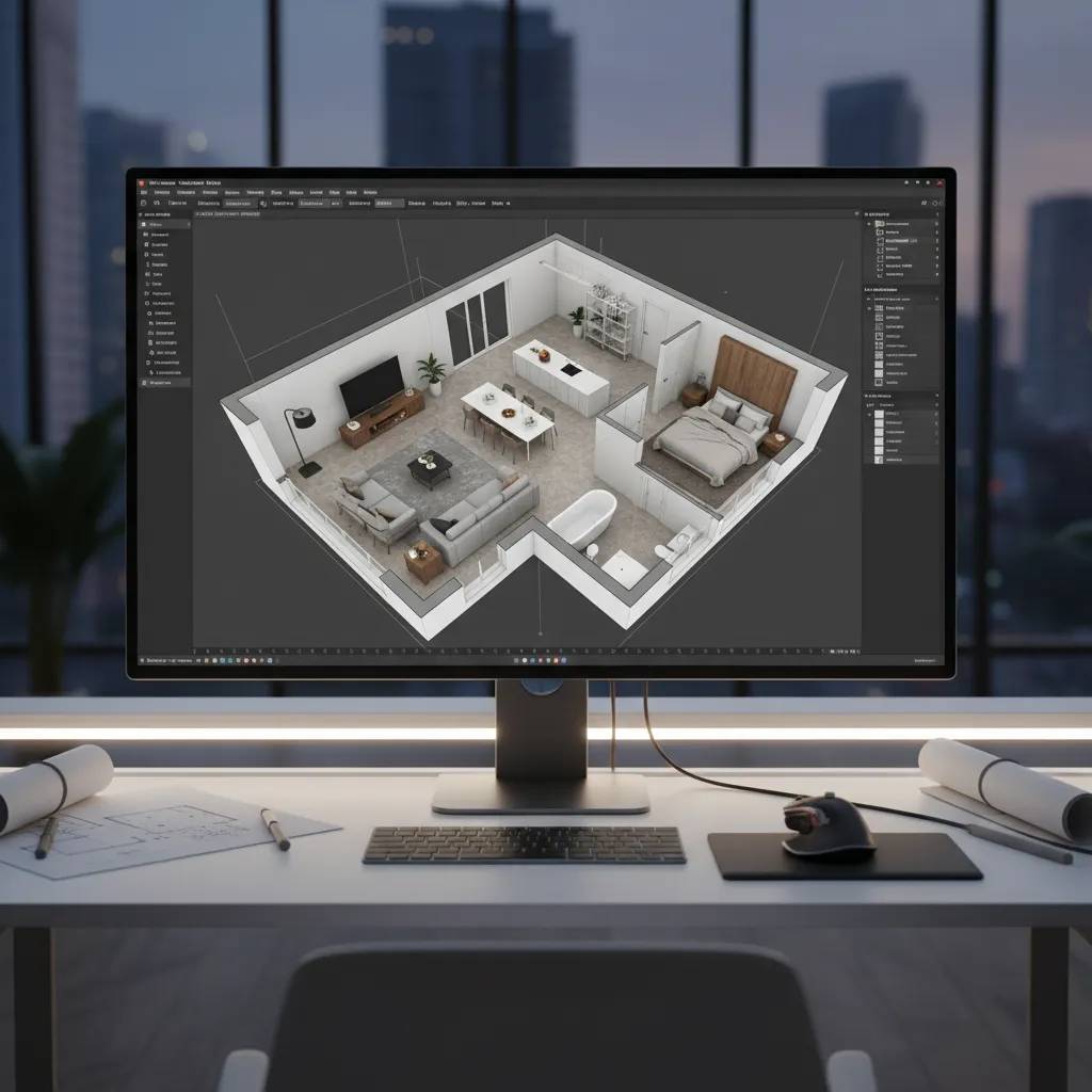 Computer monitor on desk showing detailed 3D room layout with bedroom kitchen and living area