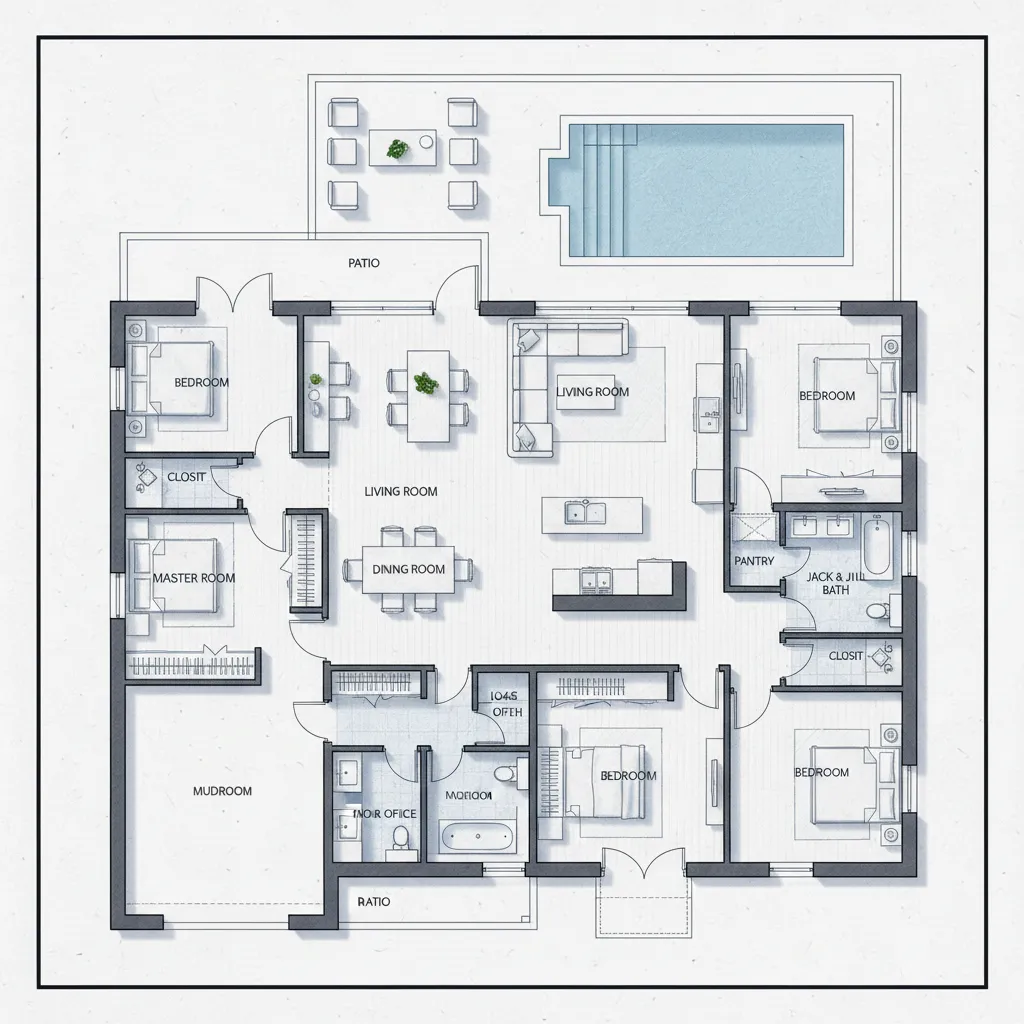 Top down floor plan showing four bedrooms living room dining area kitchen and outdoor pool