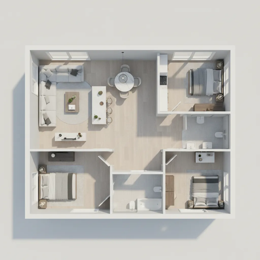 Modern three bedroom house floor plan showing living room, kitchen, bathrooms, and furniture from above