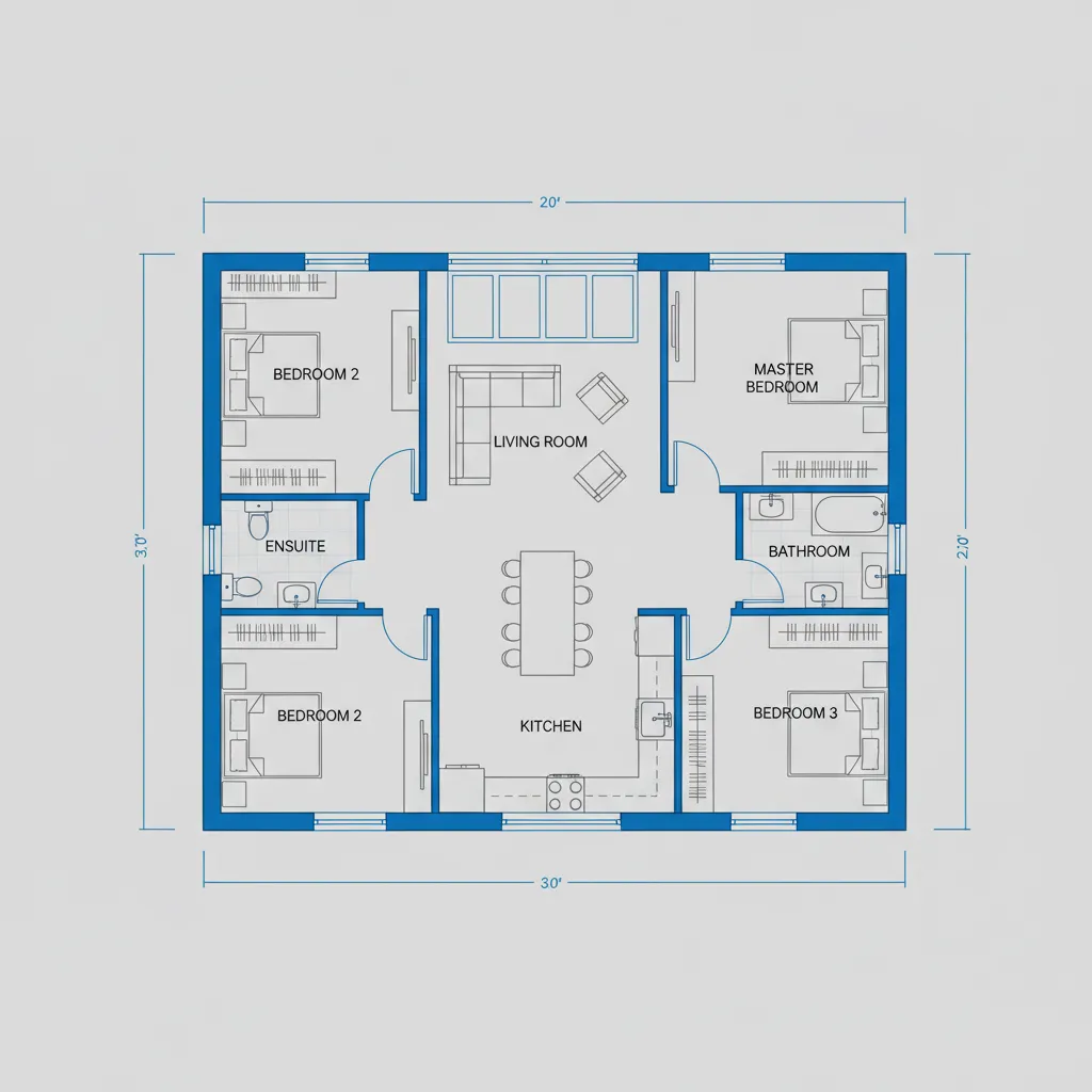 Plano de distribución de una casa con diferentes habitaciones señaladas