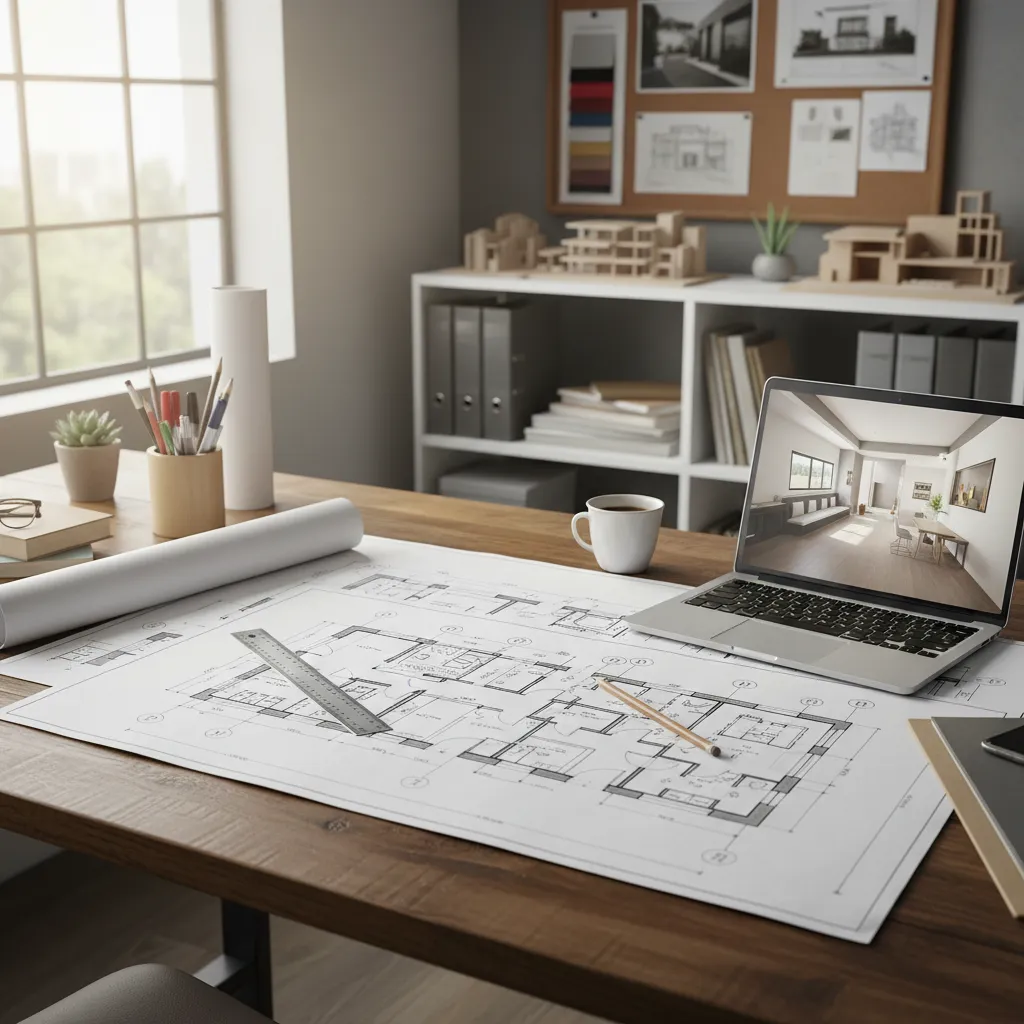 Plano técnico de distribución de un apartamento sobre mesa de trabajo