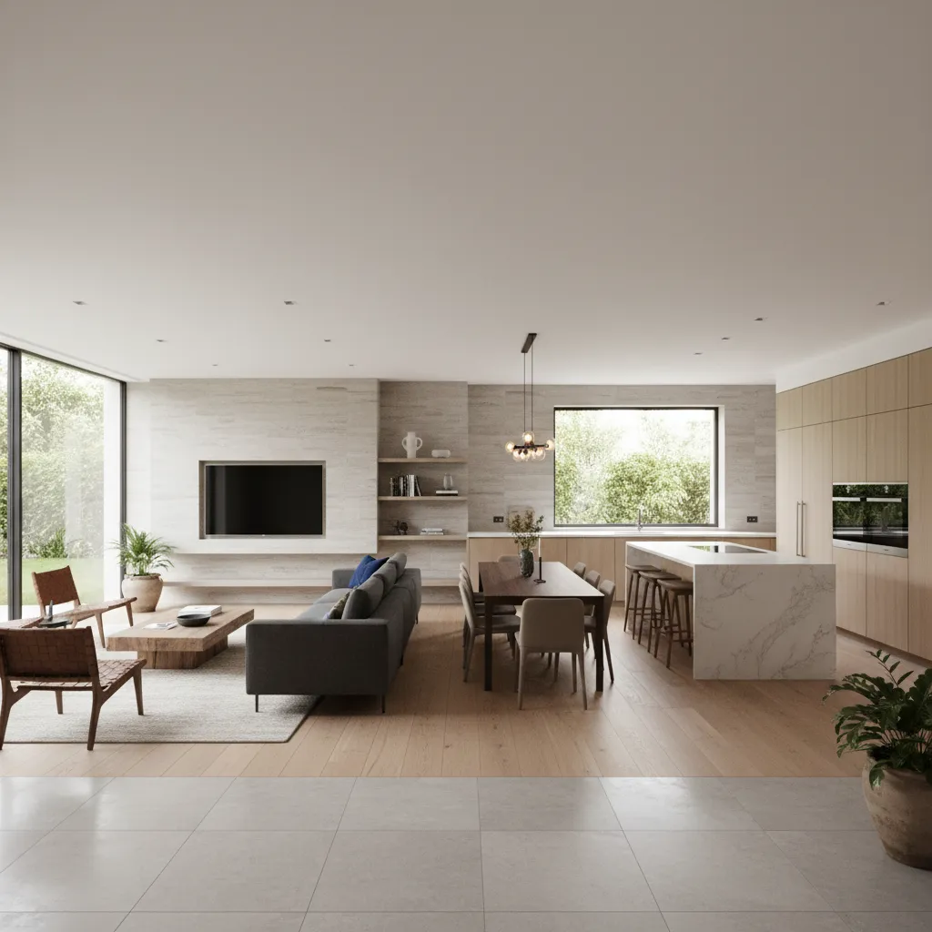 Modern open plan living room with grey sofa dining table kitchen island and large glass windows