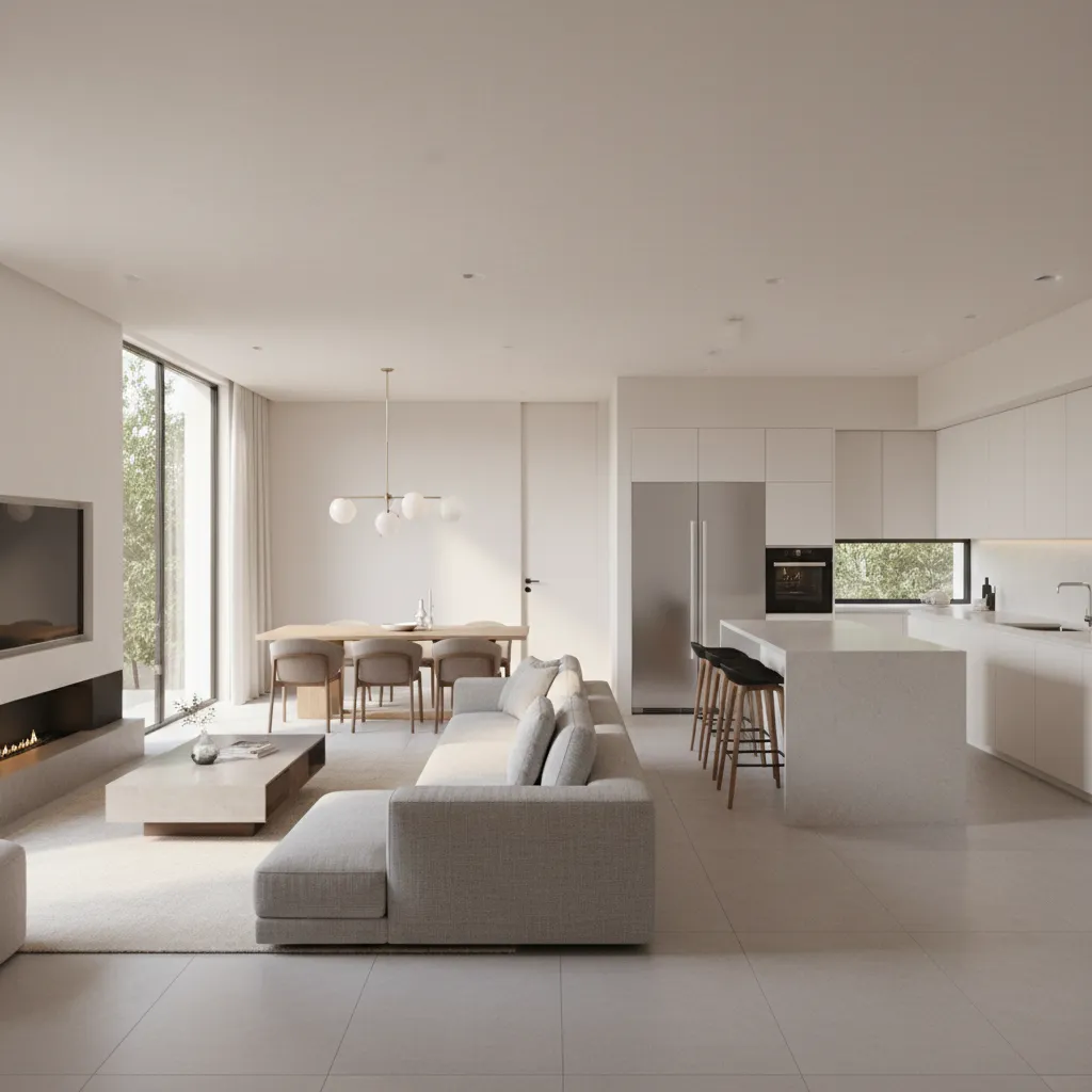 Diseño de planta baja con sala comedor y cocina abierta