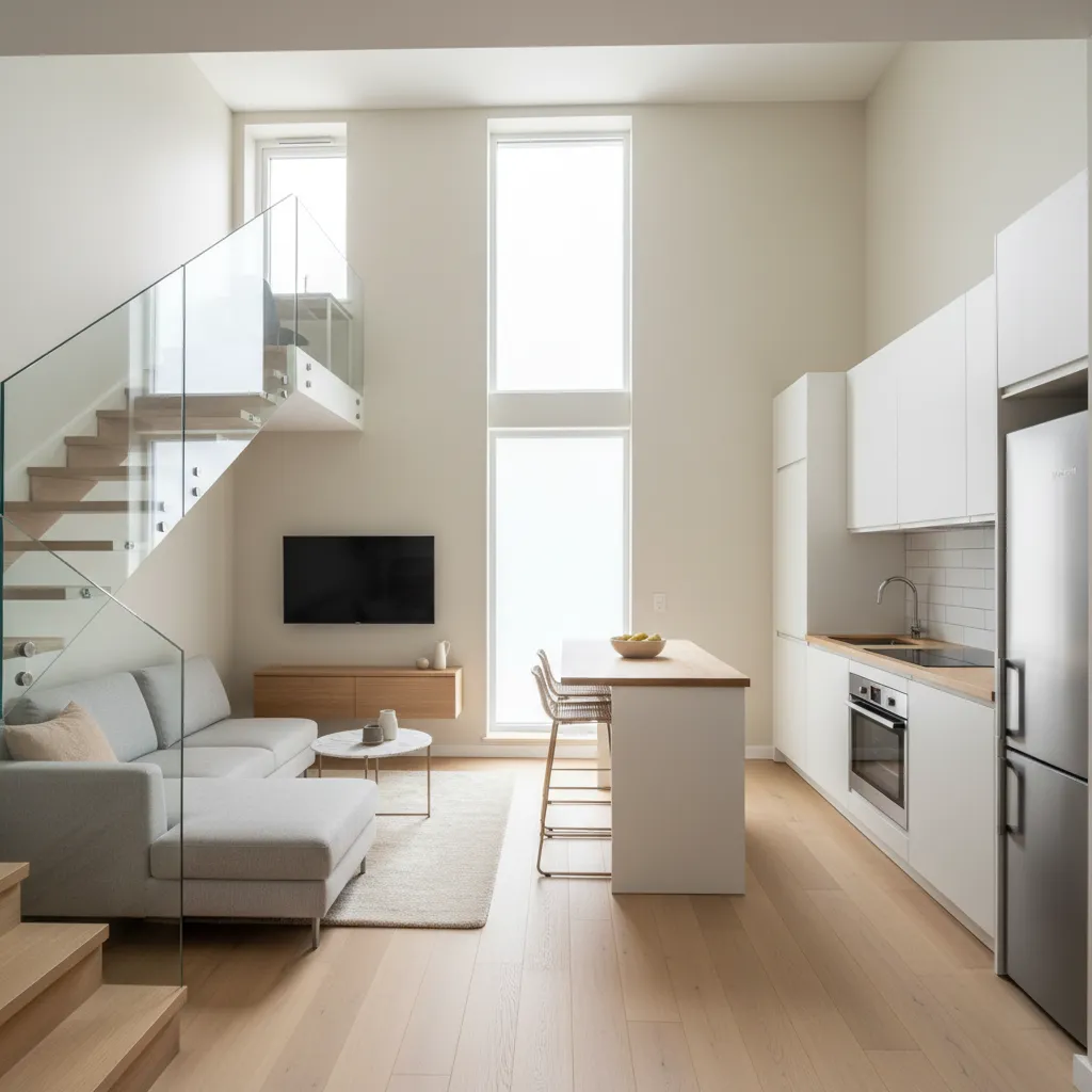 Interior de planta baja con salón y cocina abierta en una casa pequeña de dos pisos
