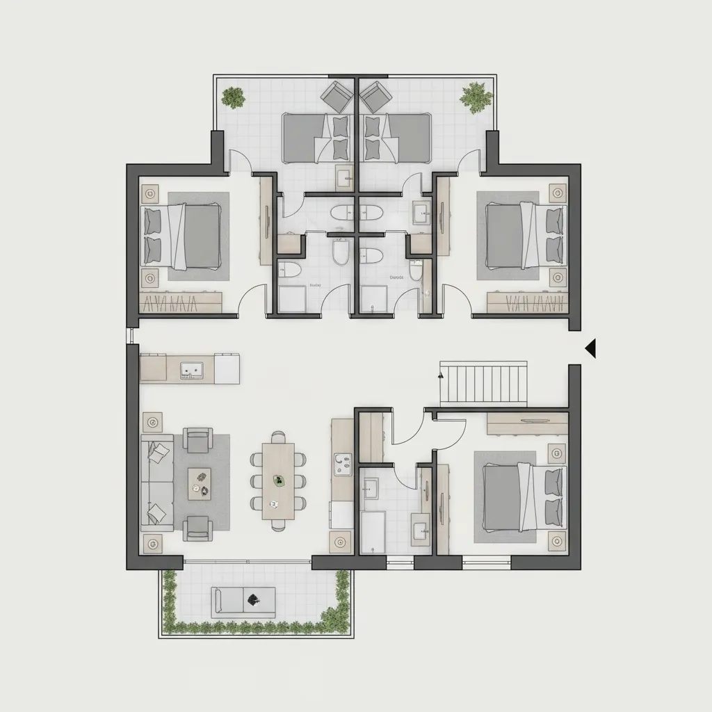Plano arquitectónico de distribución de una casa adosada