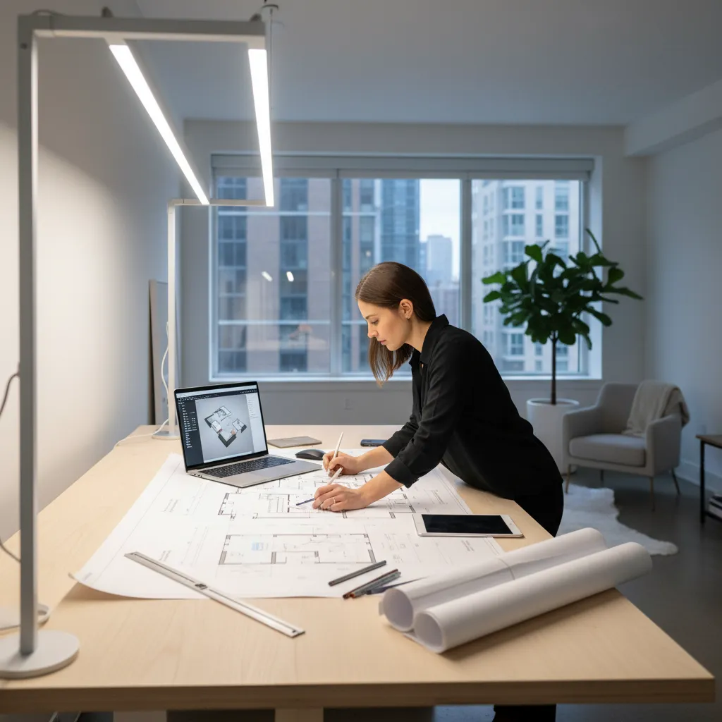 Diseñador trabajando en la distribución de una vivienda en planta