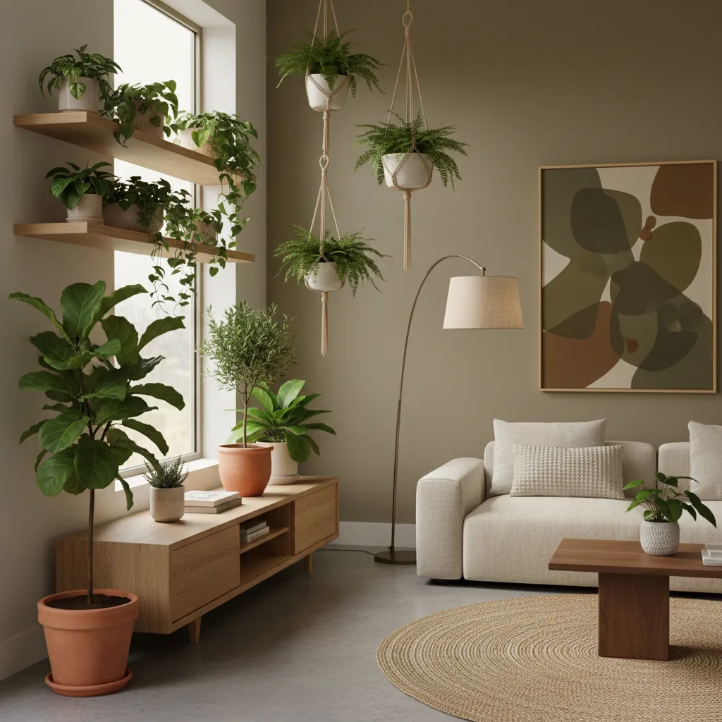Distribución de plantas en diferentes alturas dentro de un salón moderno