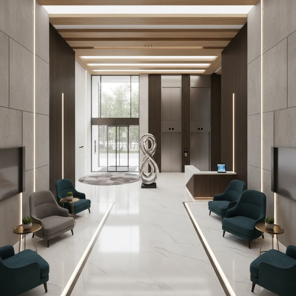 Modern building lobby with stone floors, wood ceiling, colorful chairs, silver sculpture, and metal elevators.