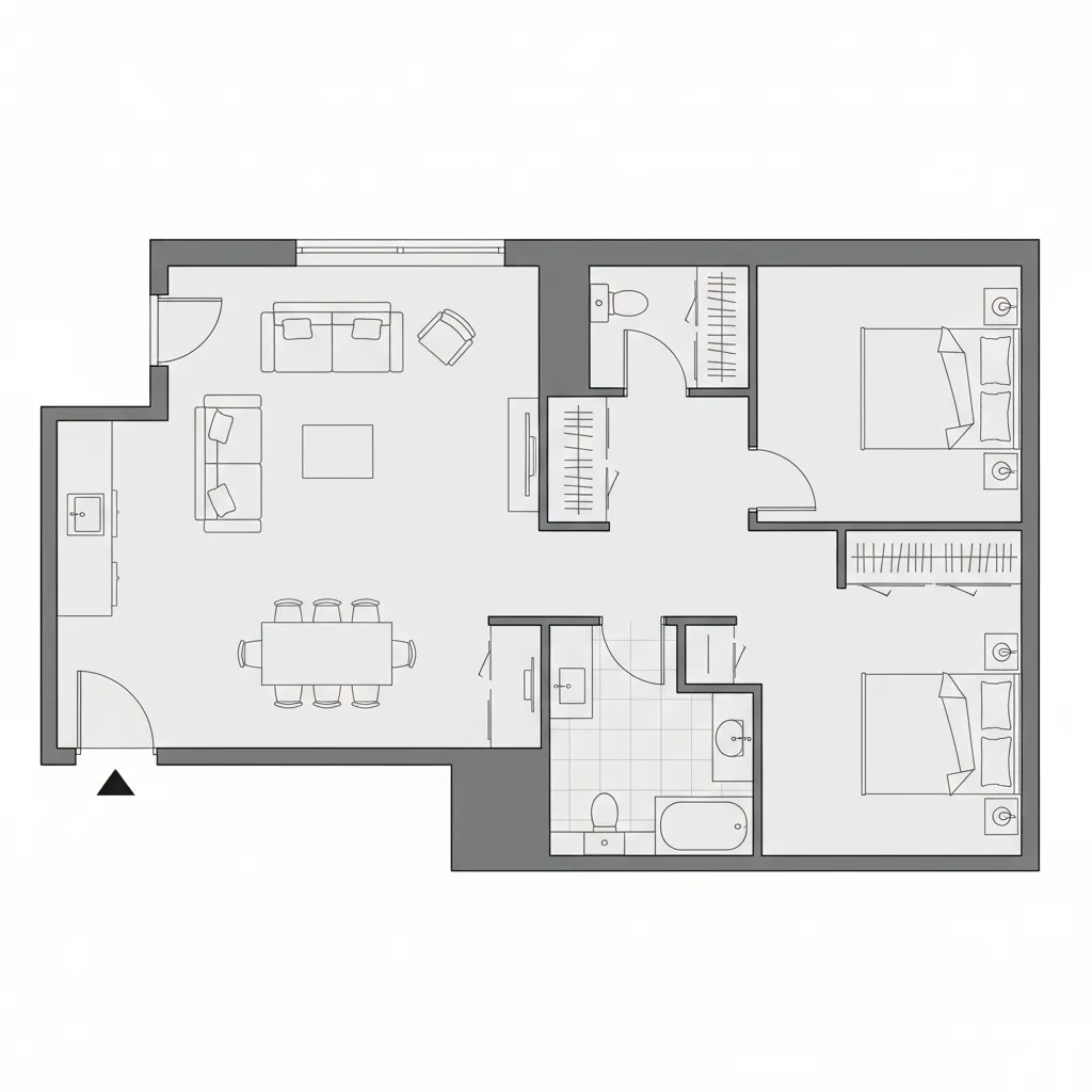 Plano de vivienda mostrando la distribución de puertas interiores