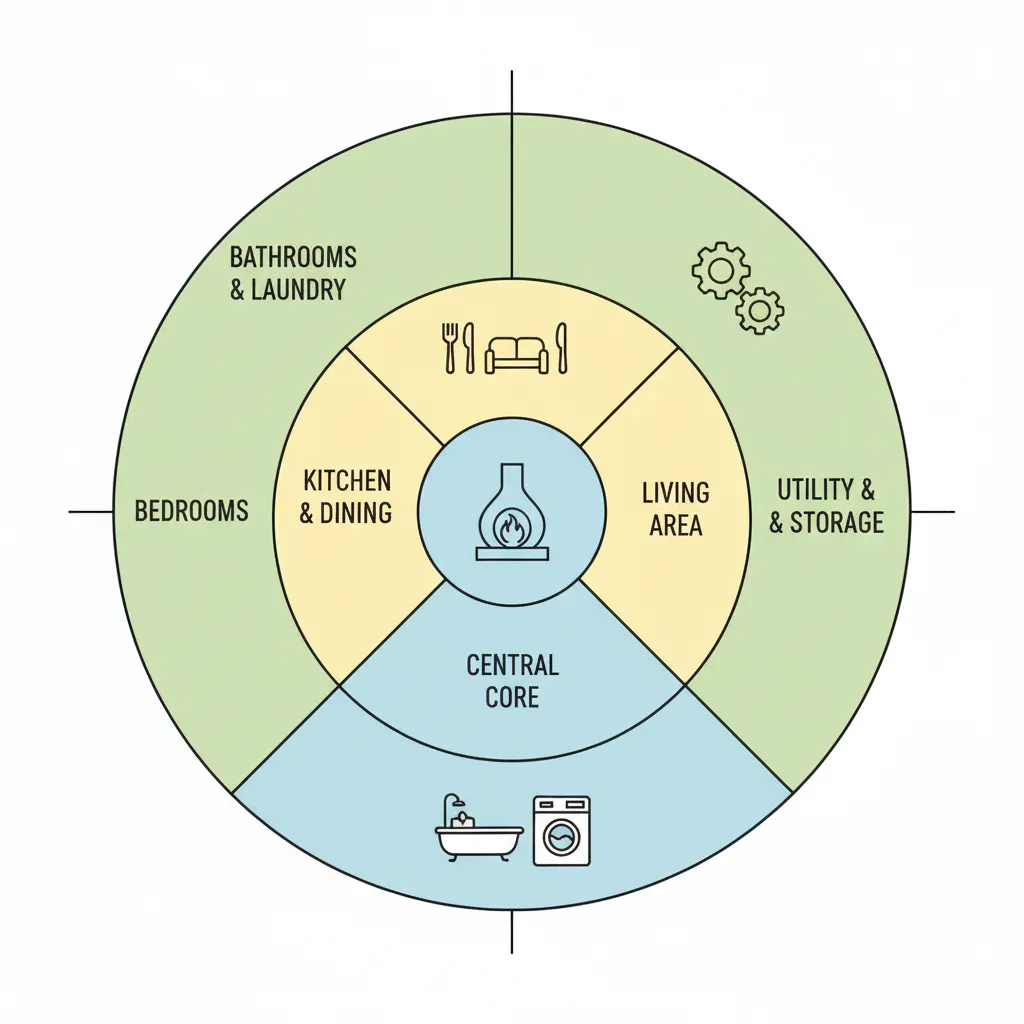 Diagrama de zonificación radial en diseño de casa circular