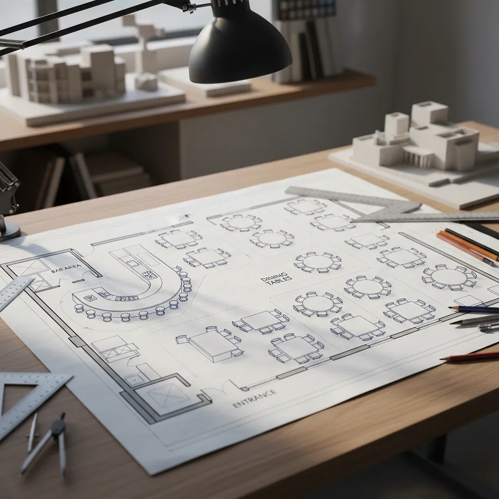Plano de distribución de restaurante con mesas y zonas de circulación