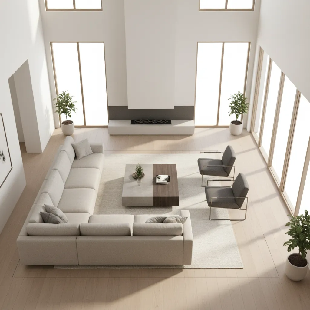 Diseño 3D de una sala de estar mostrando la distribución del mobiliario