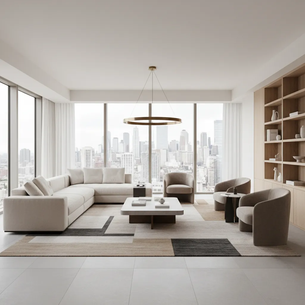 Distribución equilibrada de muebles en una sala de apartamento moderno