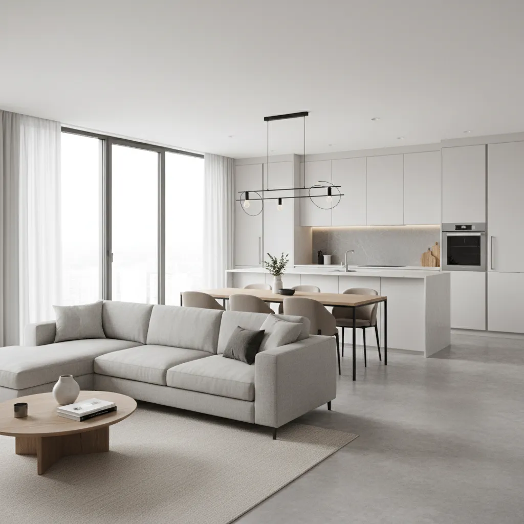 Minimalist living area with white kitchen grey sofa round coffee table and wooden dining table