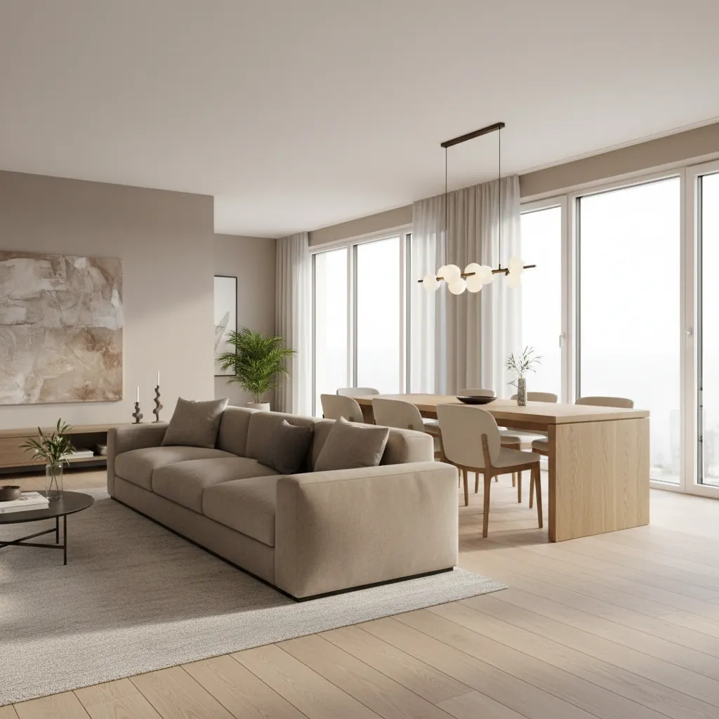 Modern living room featuring beige sofa, wooden dining table, ceiling light, large windows and curtains
