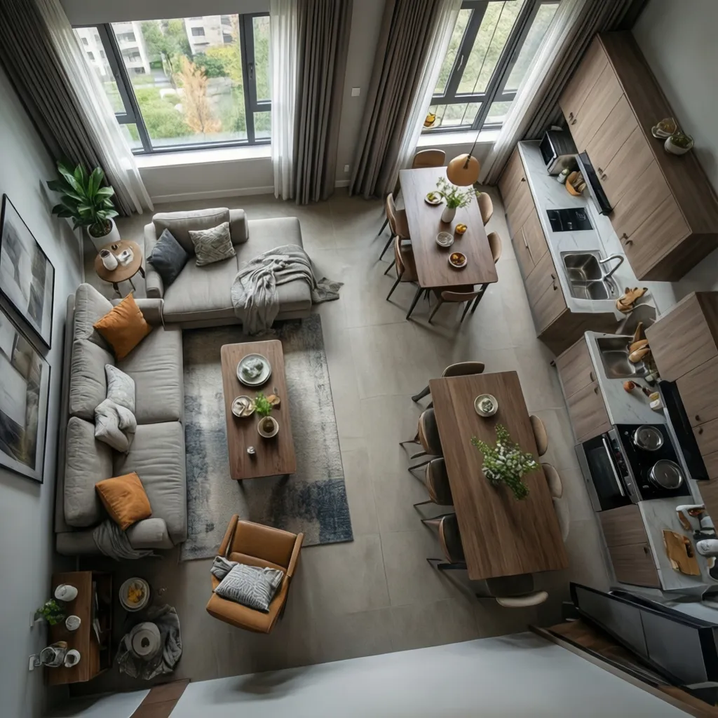 High angle view of room layout with grey sofa two dining tables and wooden cabinets