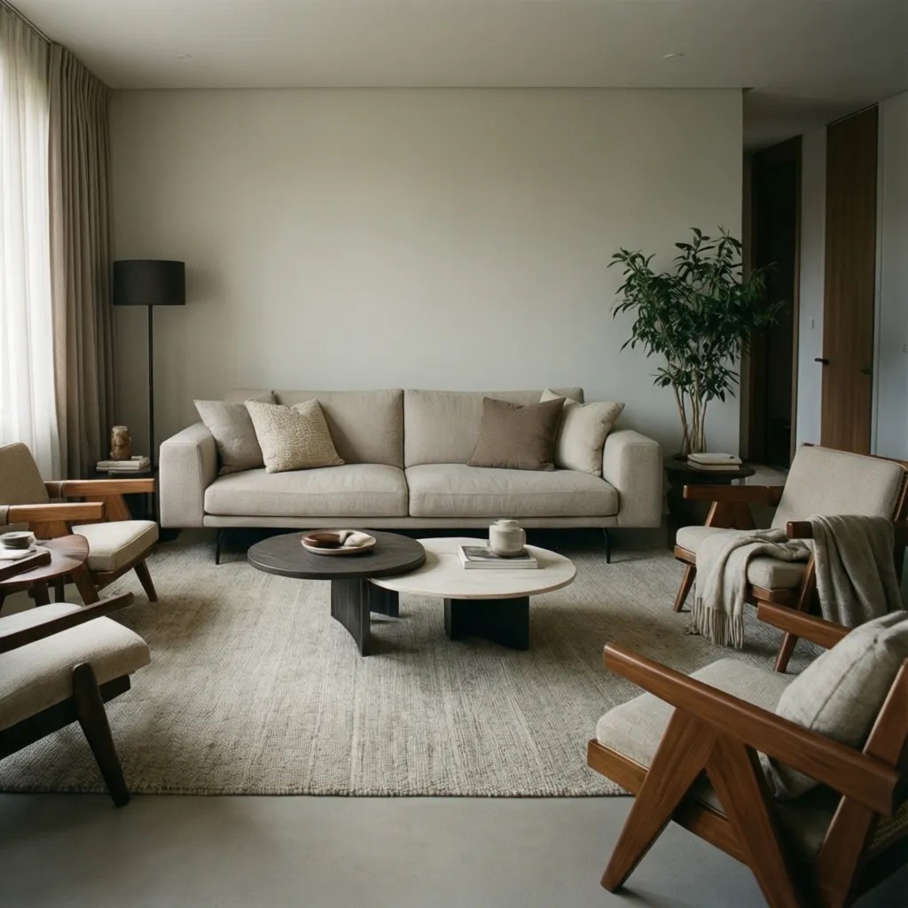 Minimalist living room featuring beige sofa four wooden chairs round coffee tables and green plant