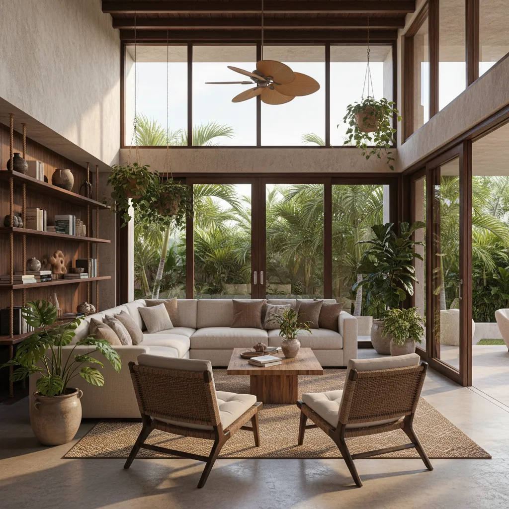 Distribución de sala amplia en casa de Mérida con zonas diferenciadas