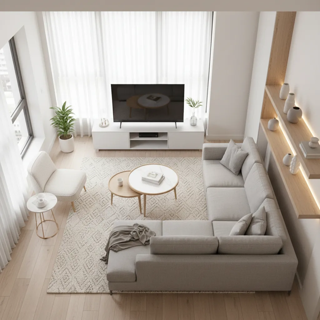 Distribución funcional de una sala pequeña con sofá y mueble de televisión