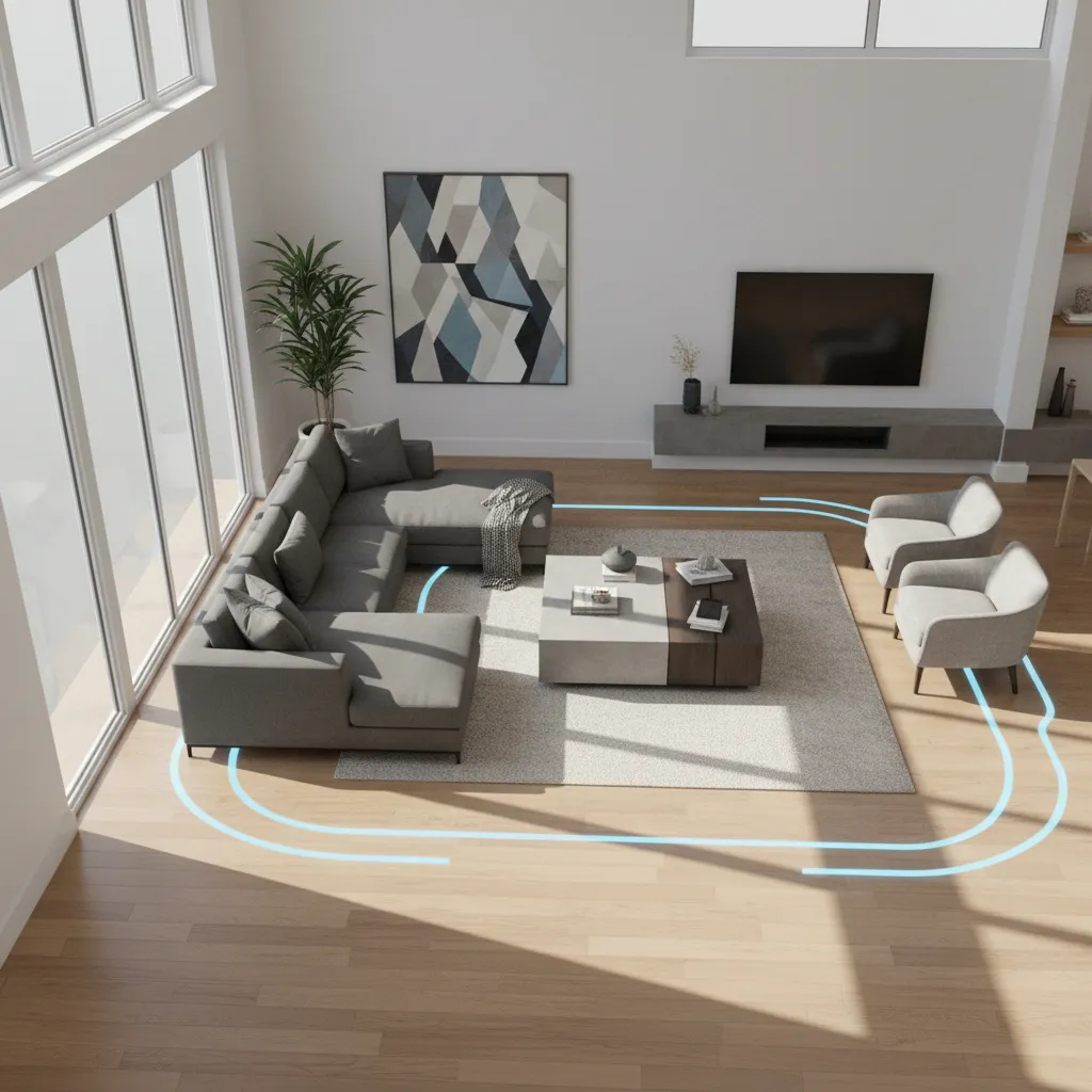 Diseño de salón en 3D mostrando muebles y circulación del espacio