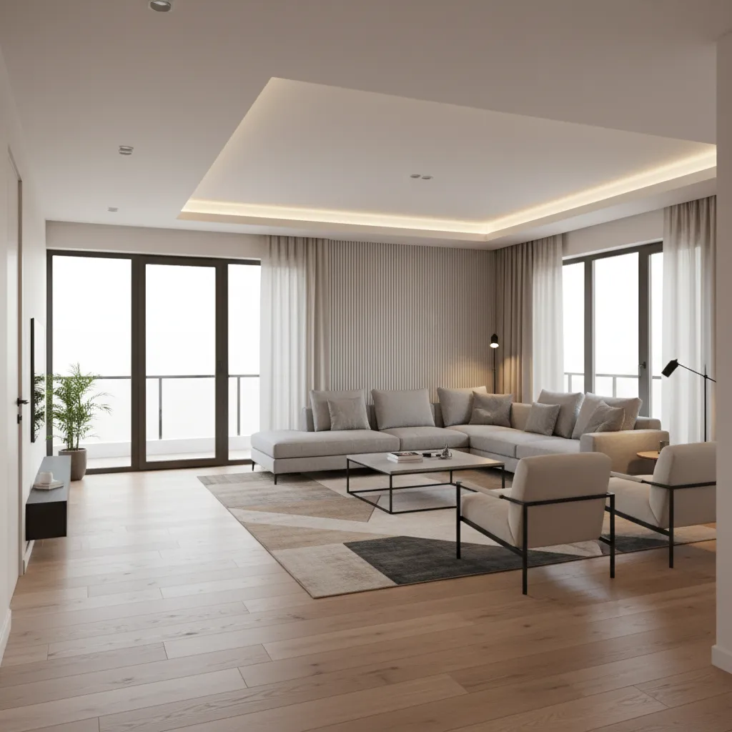 Bright living room with grey sectional sofa patterned rug wood floor wall panel and balcony