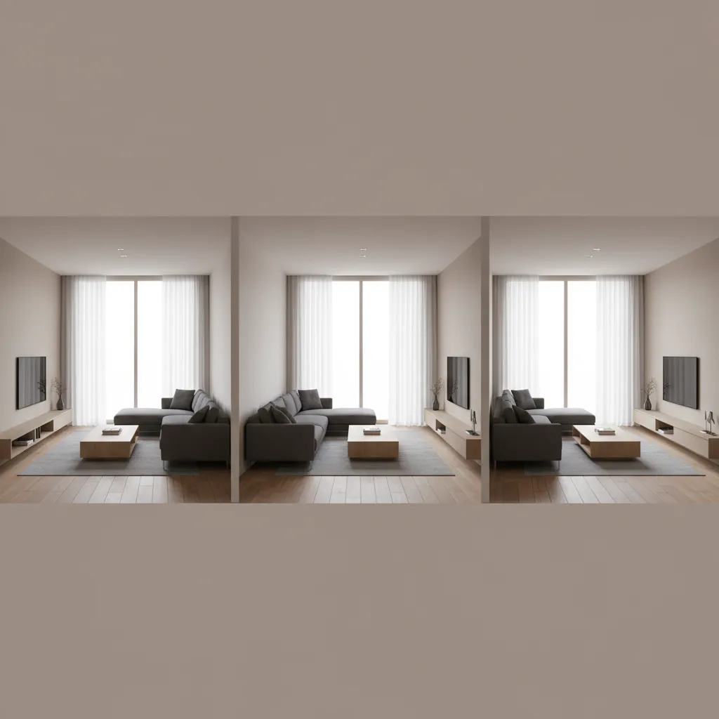 Three views of modern living room with grey sofa wooden coffee table and large windows