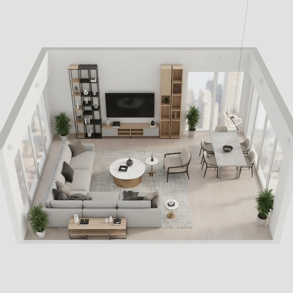 Plano 3D de distribución de un salón con muebles y zonas funcionales