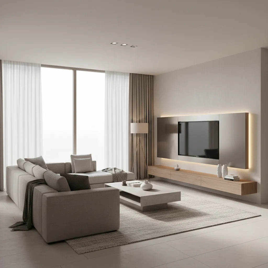 Modern living room with grey sofa coffee table flat screen television white curtains and light