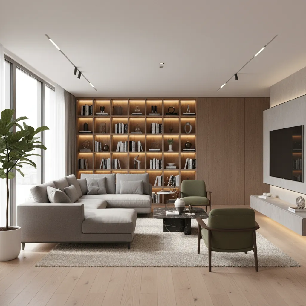 diseño 3D de un salón con sofá, mesa de centro y estanterías