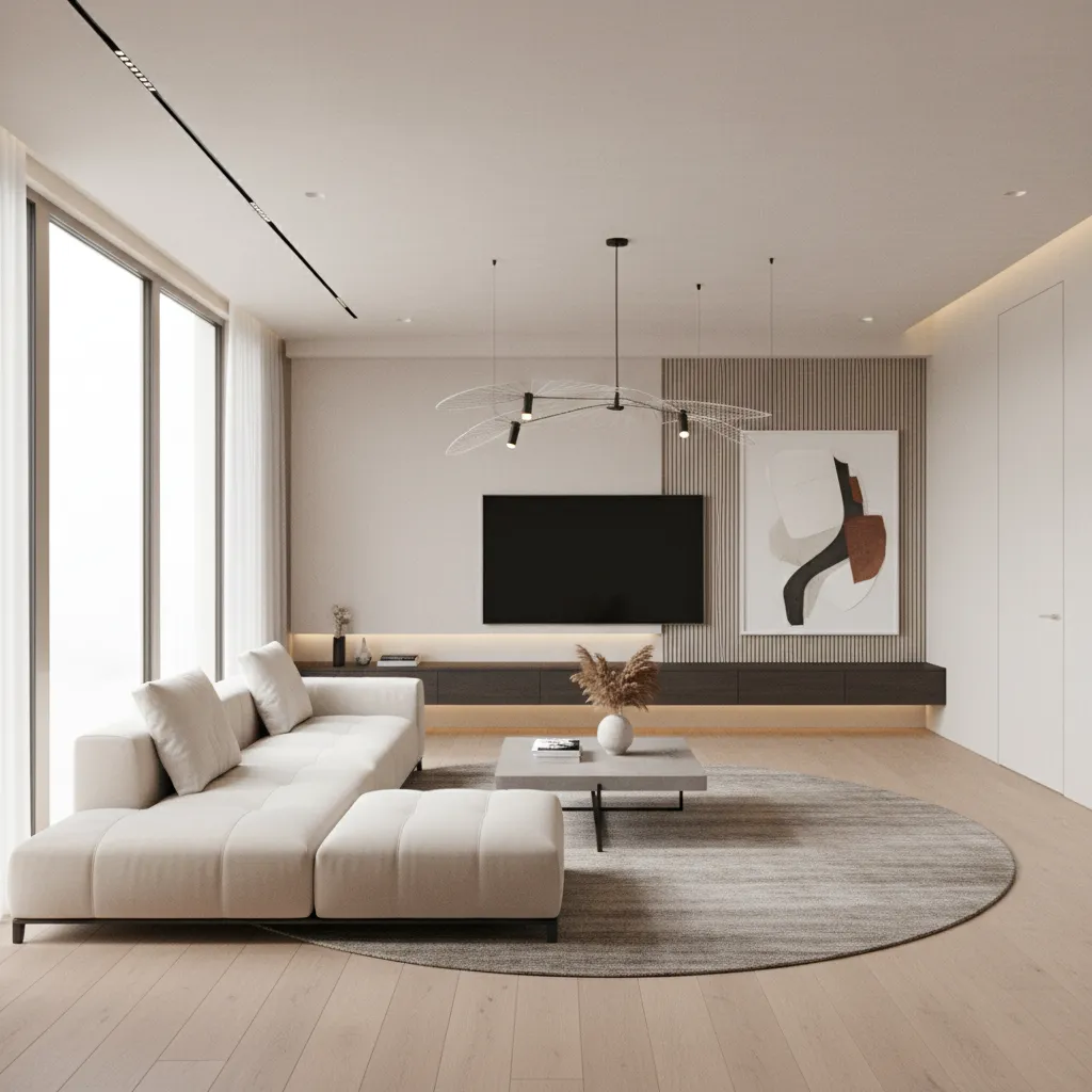 Modelo 3D de un salón con sofá, mesa de centro y televisión bien distribuidos