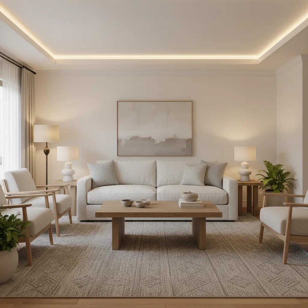Modern living room with white sofa wooden coffee table two chairs large rug and lighting