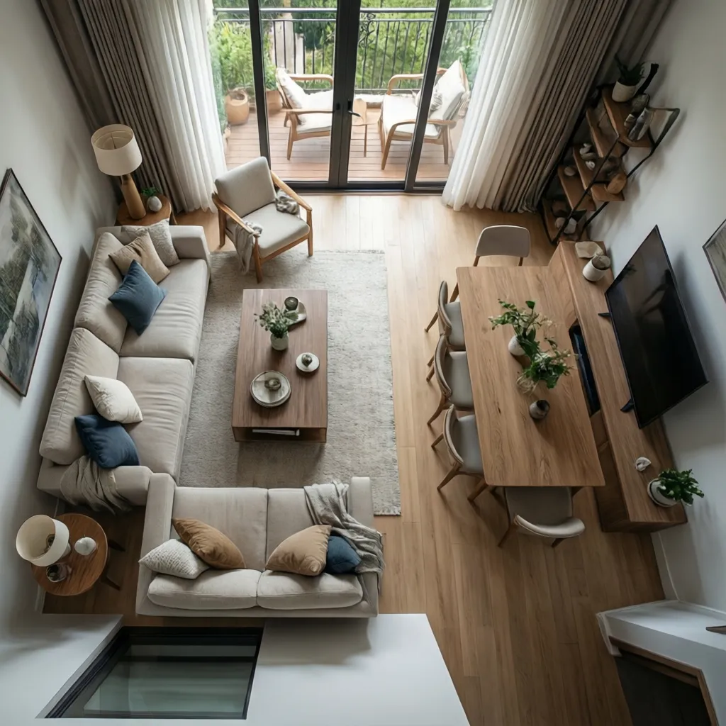 Distribución de salón moderno en piso urbano mediterráneo