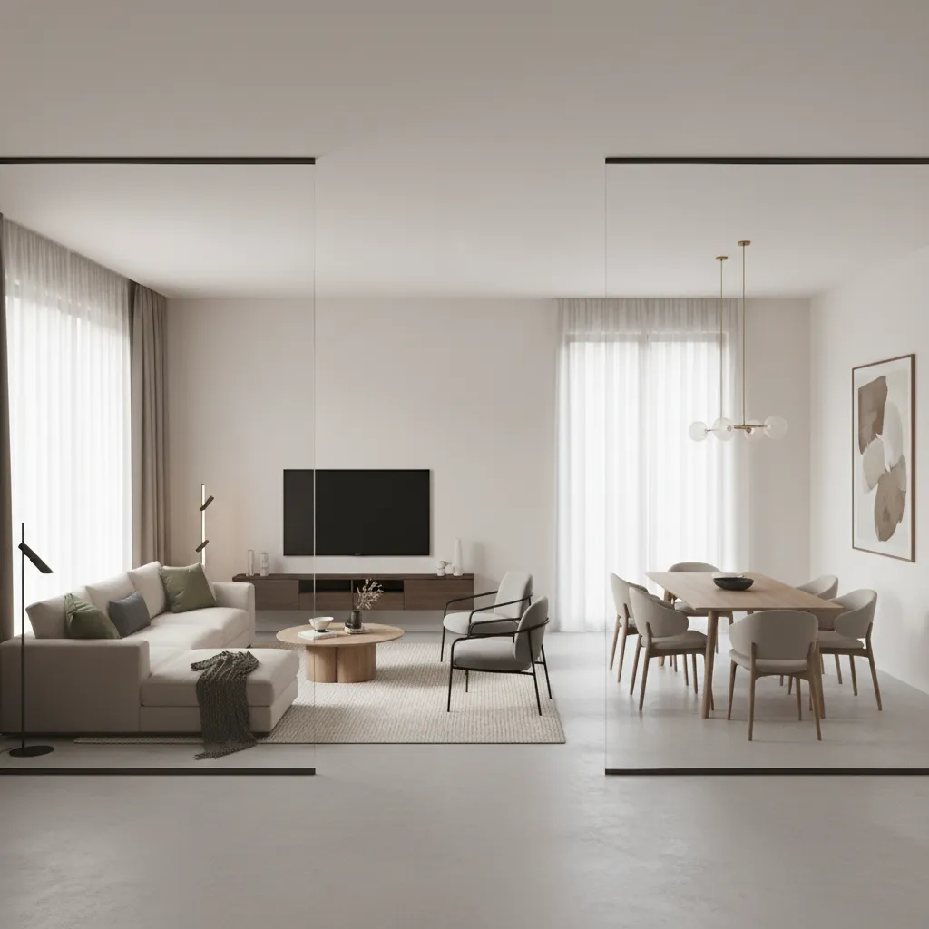 Visualización 3D de distribución de salón y comedor en un apartamento