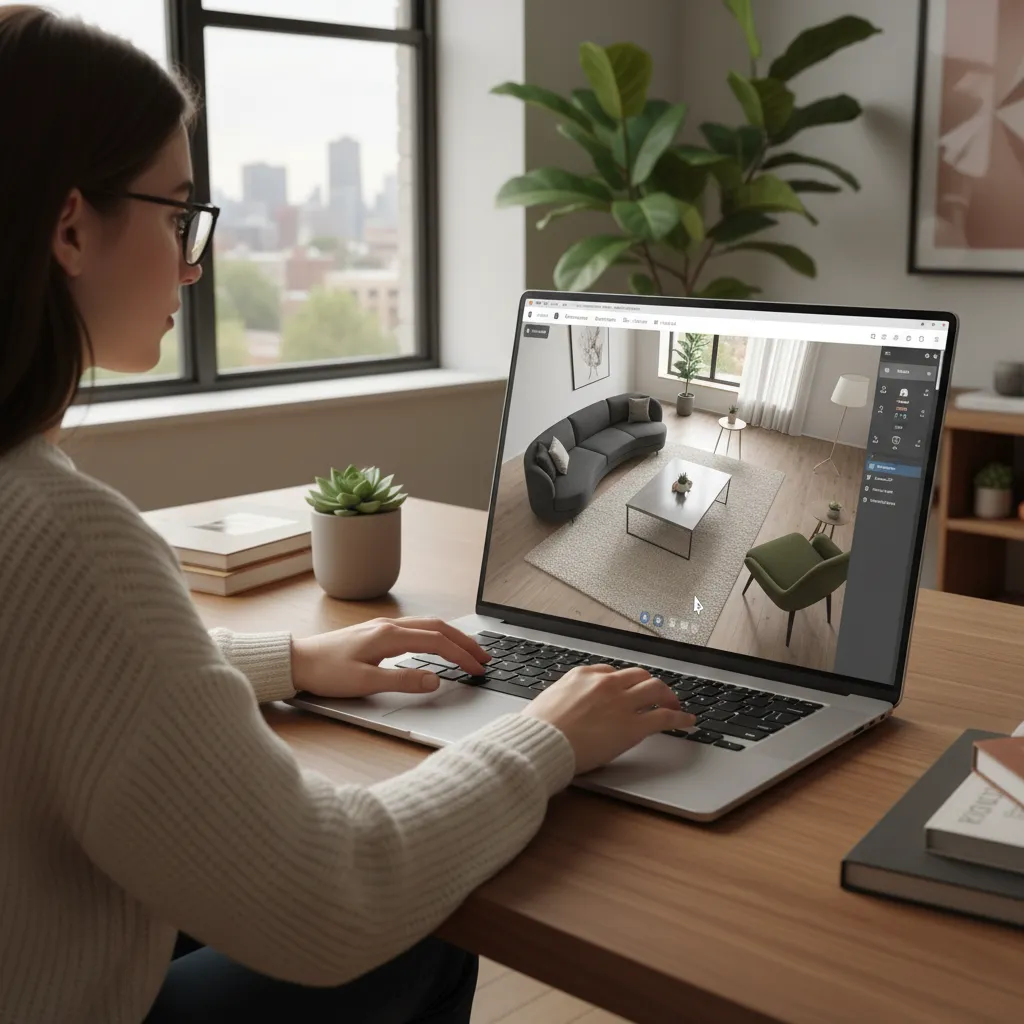 A woman using a laptop to create 3D interior design with grey sofa and rug