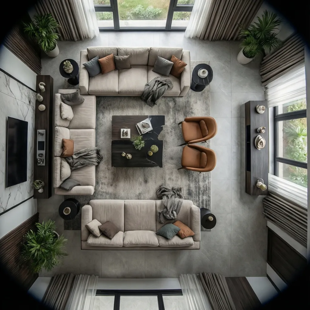 Top down view of a room layout with sofas coffee table and rug green plants