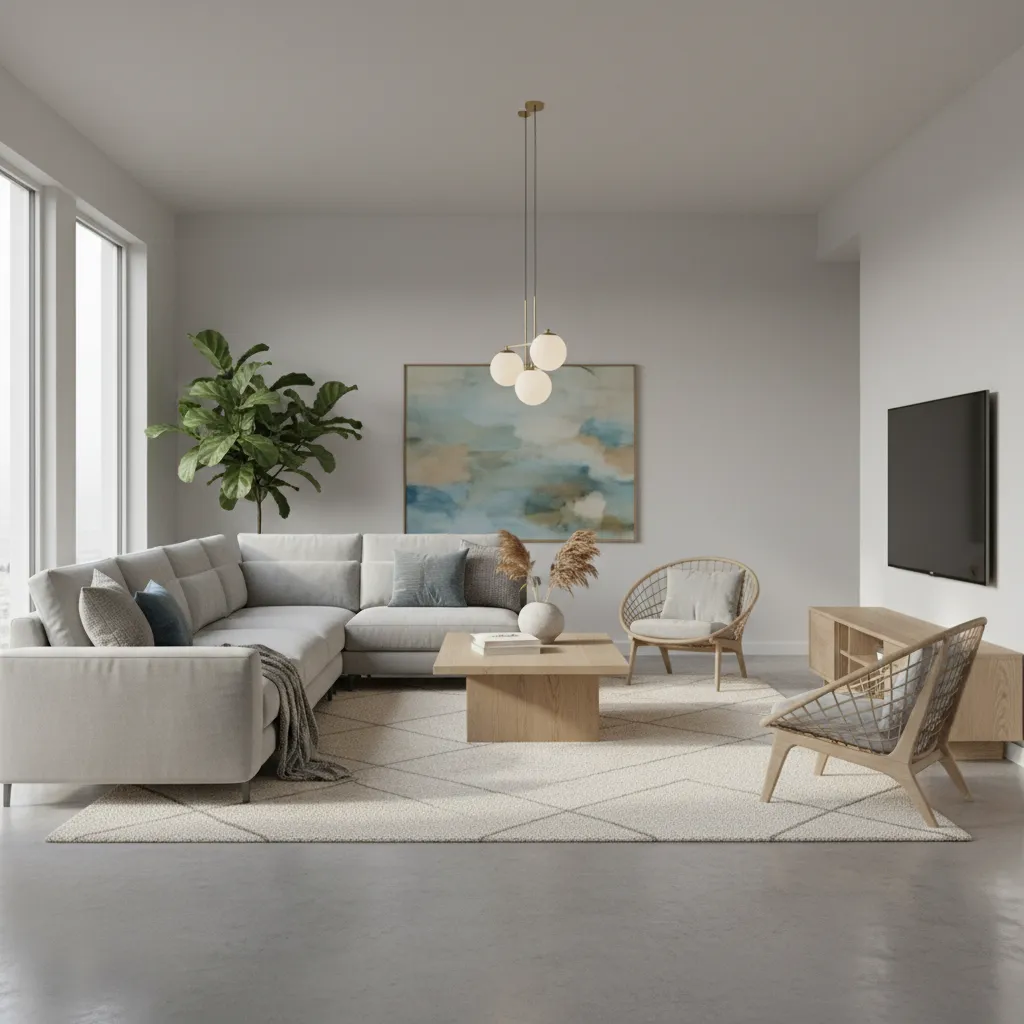 Modern living room with grey sofa wooden coffee table rug abstract painting and hanging light