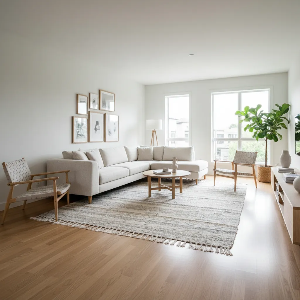 Sala de estar bien distribuida con sofá, mesa de centro y circulación clara