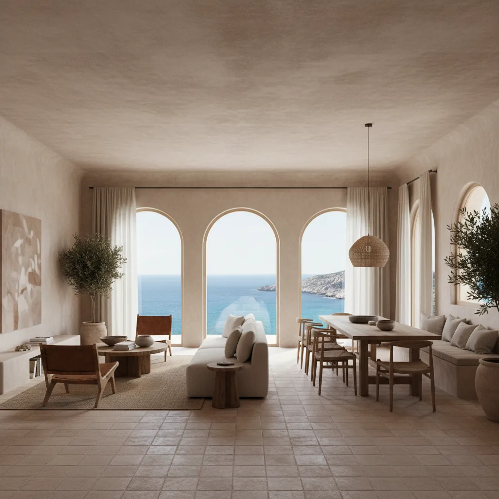 Distribución abierta de salón y comedor en casa mediterránea
