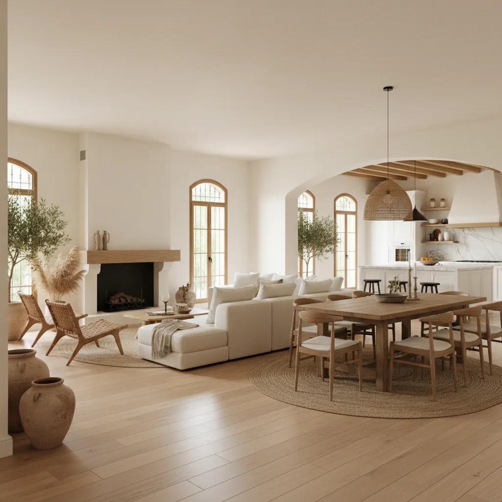 Open plan living area with wooden table white sofa fireplace kitchen and natural wood floor