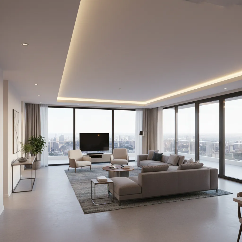 Distribución de salón con buena circulación entre sofá y terraza