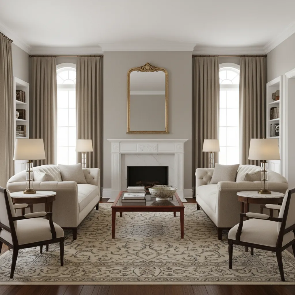 Symmetrical living room with two beige sofas, white armchairs, fireplace, gold mirror, and large patterned rug
