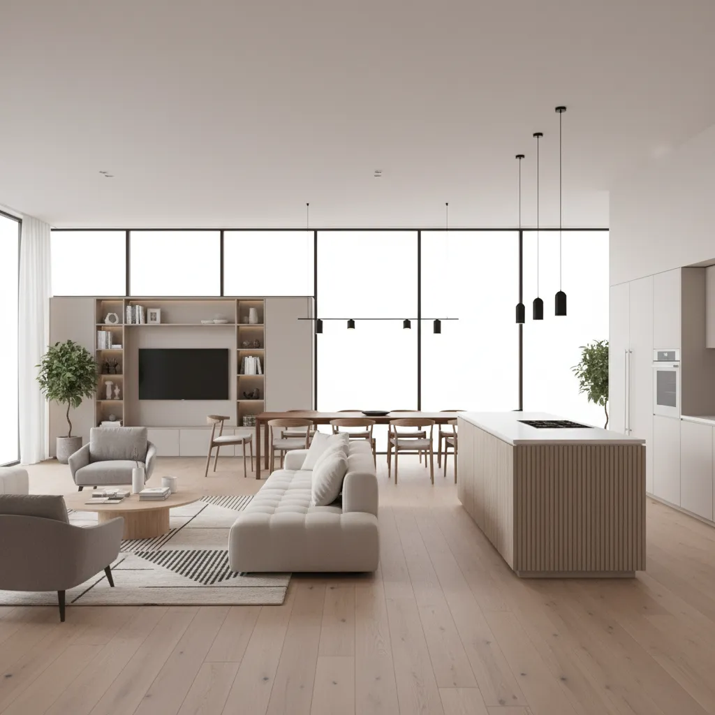 Modelo 3D de salón y cocina abierta en una vivienda moderna