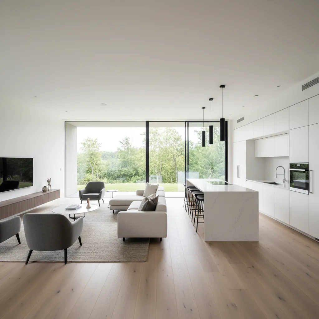 Espacio abierto de salón y cocina en la planta baja de una casa moderna