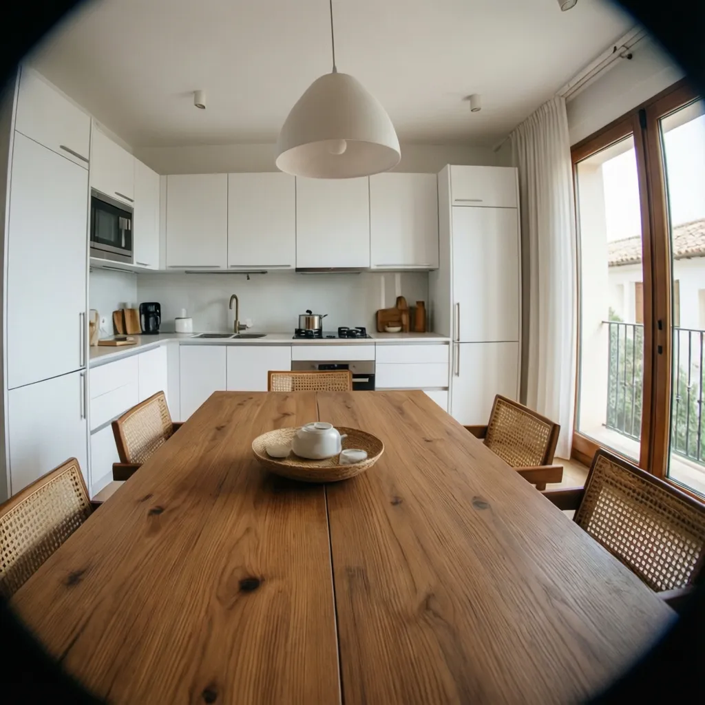 Salón con cocina abierta en vivienda mediterránea reformada